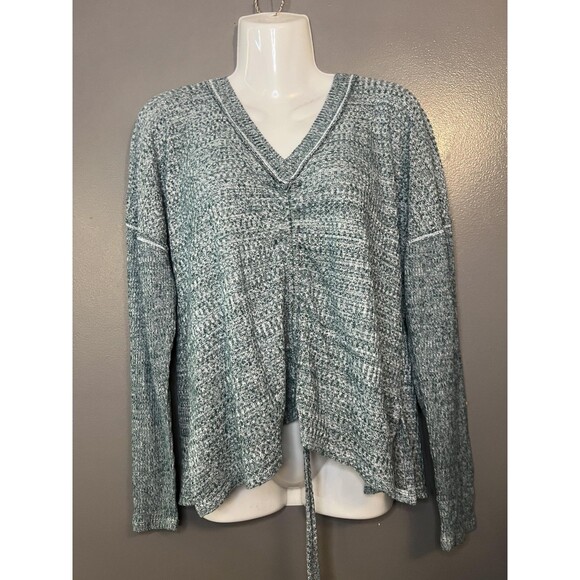 Unknown Sweaters - Waffle Knit Sweater Womens Green White V Neck Long Sleeve Drawstring Hem